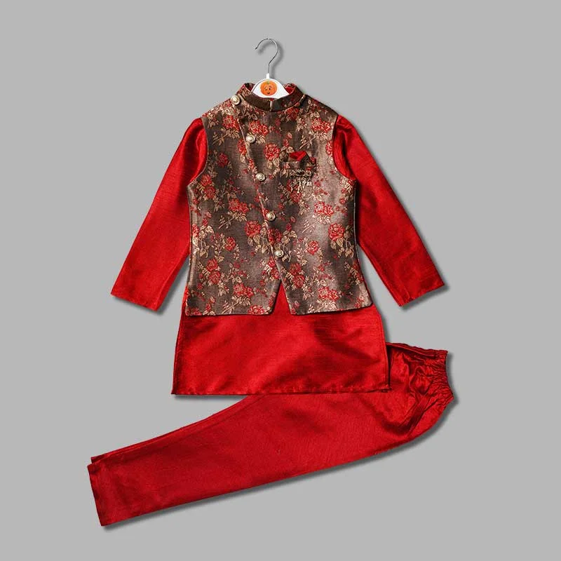 Maroon Boys Kurta Pajama with Nehru Jacket Earthy tone unclassified dresses