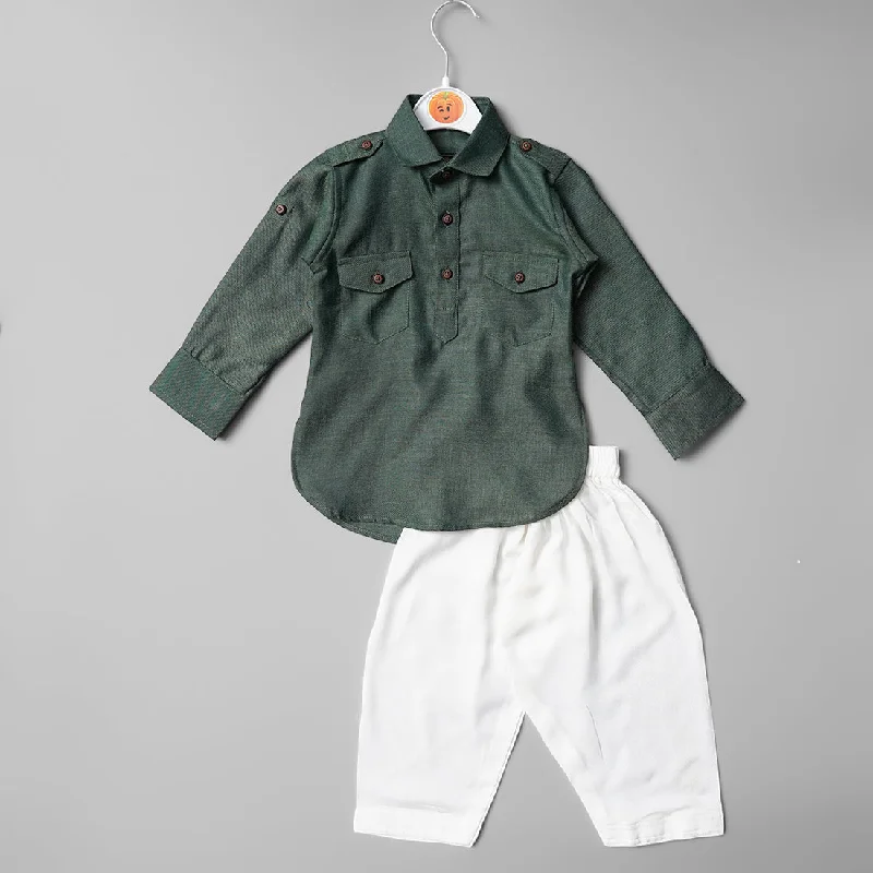 Solid Green & White Boys Pathani Kurta Pajama Breathable unclassified dresses