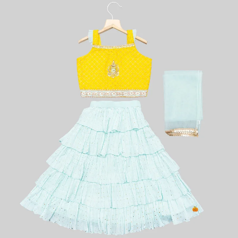 Yellow Layered Girls Lehenga Choli Sleeveless unclassified dresses