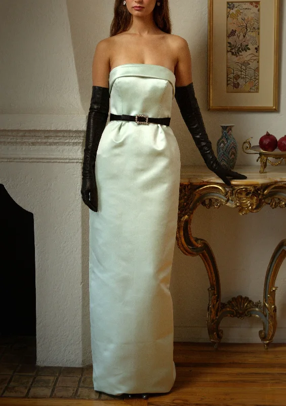 Strapless Slim Waisted Gown in Mint Double Faced Satin Ruffled unclassified dresses