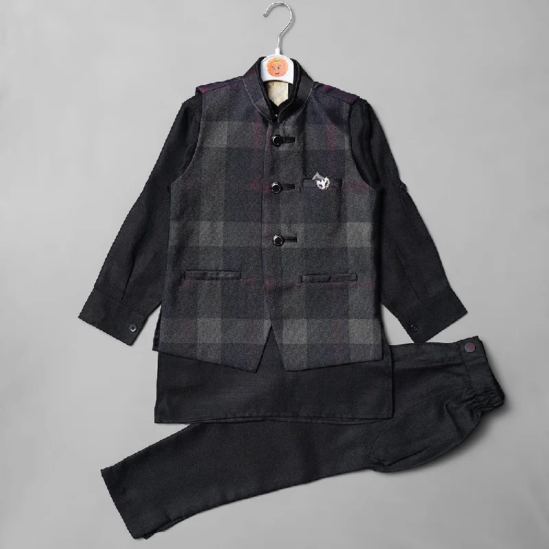 Black Boys Kurta Pajama with Nehru Jacket Dark color unclassified dresses