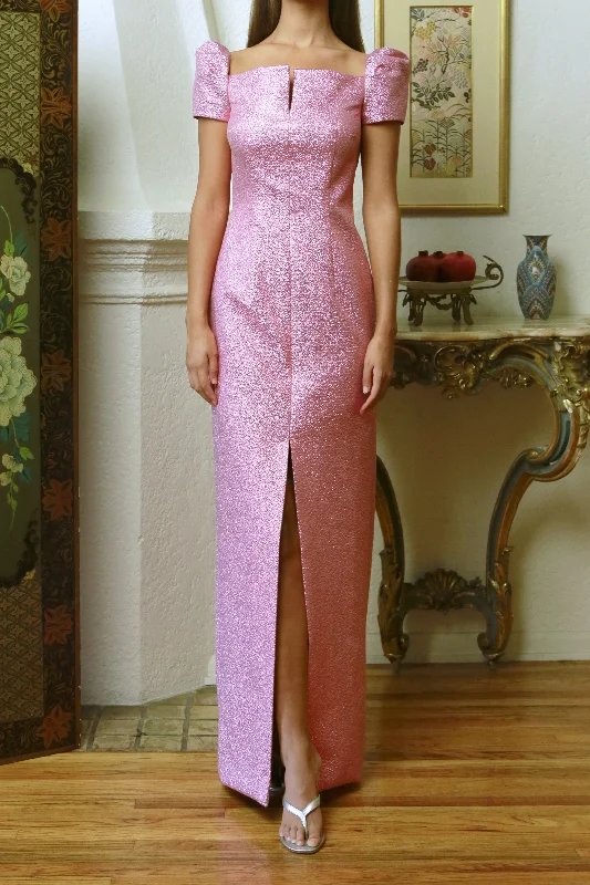 Puffy Sleeve Column Gown in Pink Lamé Printed unclassified dresses