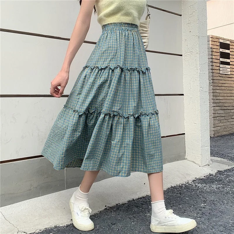 Women's Kawaii Plaid Splice Ruffled Skirt