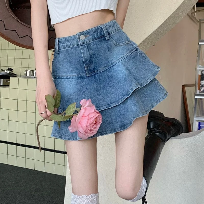 Women's Korean Fashion Double Layer Falbala Denim Skirt