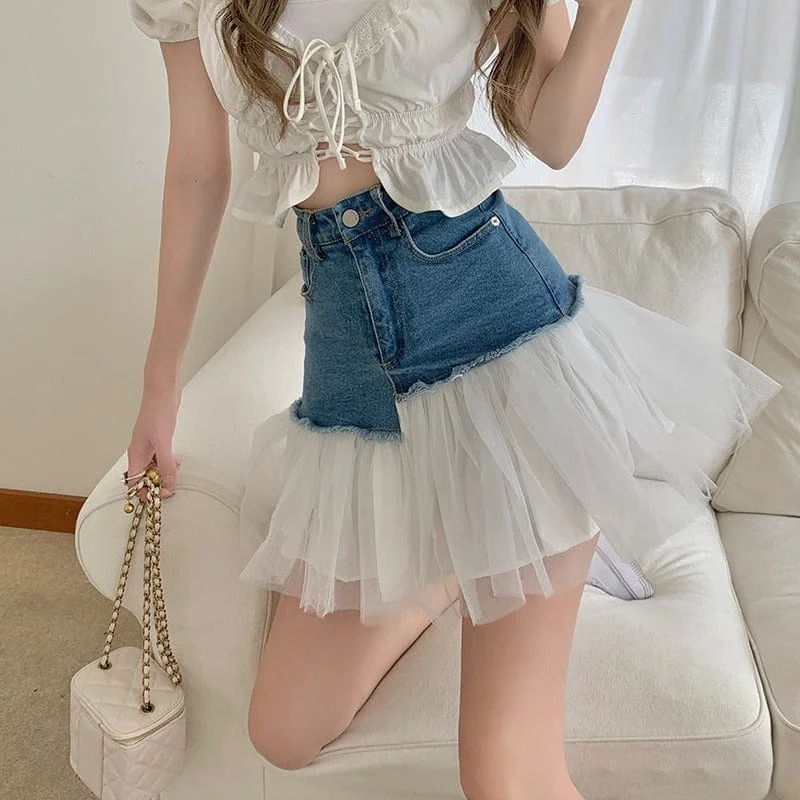 Women's Korean Fashion Multilayer Mesh Denim Splice Skirt