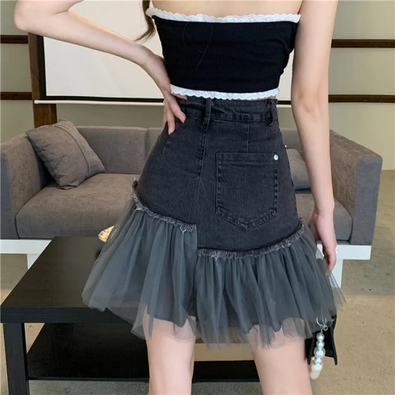 Women's Korean Fashion Multilayer Mesh Denim Splice Skirt