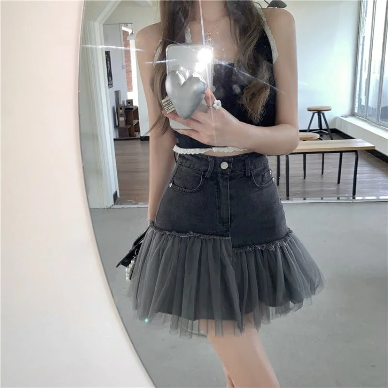 Women's Korean Fashion Multilayer Mesh Denim Splice Skirt