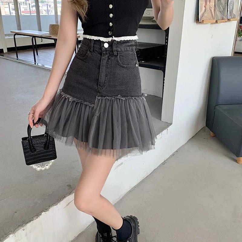 Women's Korean Fashion Multilayer Mesh Denim Splice Skirt