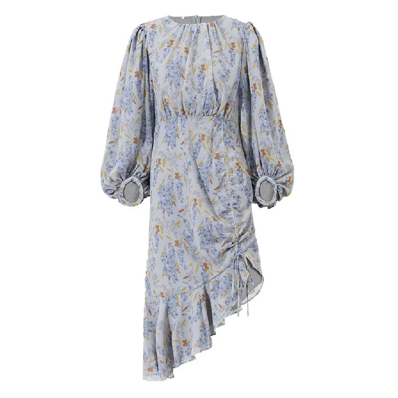 Asymmetric Ruffle Trim Puff Sleeve Drawstring Ruched Midi Floral Dress