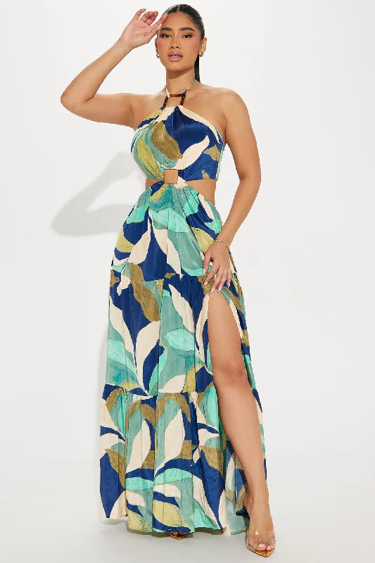 Beach Talking Satin Maxi Dress - Blue/combo