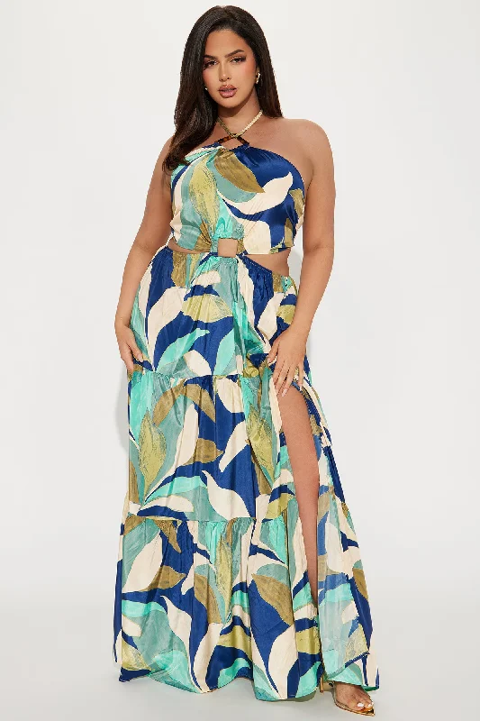 Beach Talking Satin Maxi Dress - Blue/combo