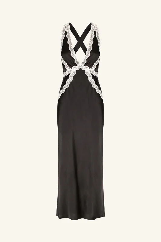 CAMILLE LACE CROSS BACK MIDI DRESS - BLACK/IVORY