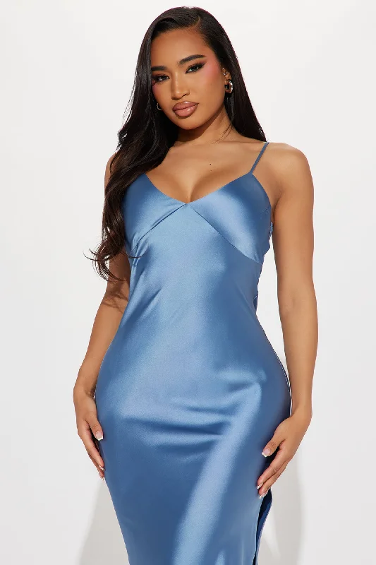 Draped in Satin Midi Dress - Blue