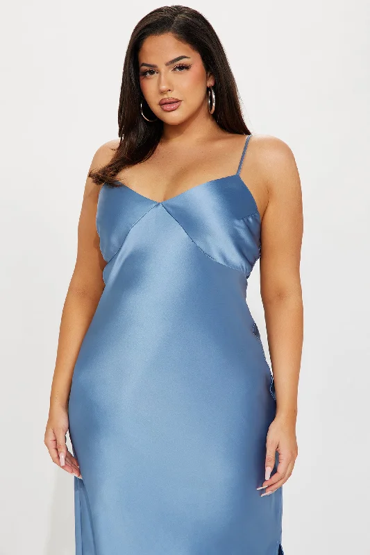 Draped in Satin Midi Dress - Blue