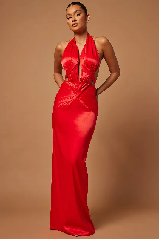 Isabella Satin Pleated Gown - Red