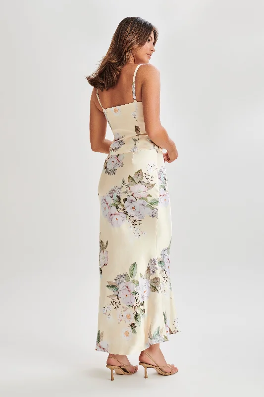 Karley Floral Satin Midi Skirt - Lemon Floral Print