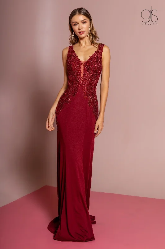 Long V-Neck Dress with Embroidered Bodice by Elizabeth K GL2614