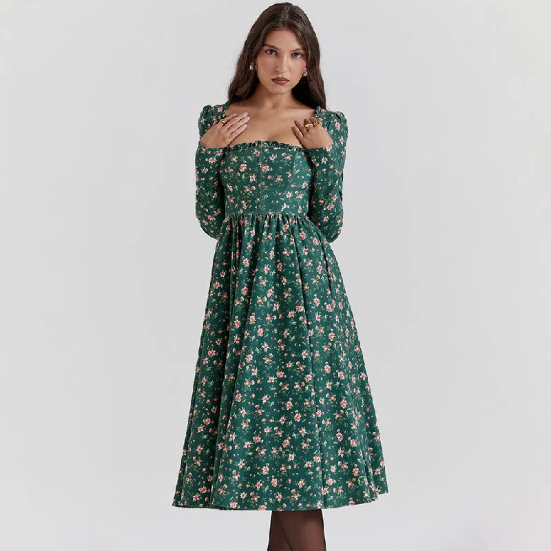 Nostalgic Frilled Square Neck High Waist Long Sleeve Floral Printed Midi Cocktail Dress