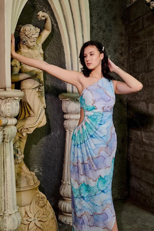 Precious dreams - blue abstract print asymmetric dress