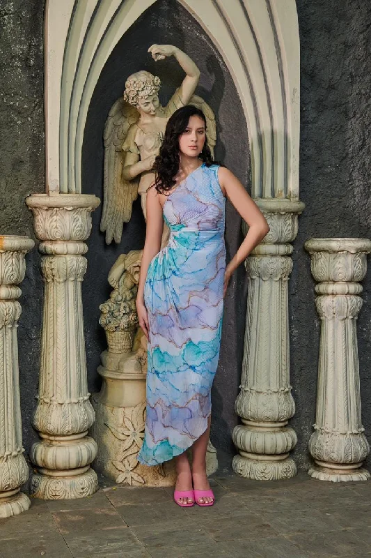 Precious dreams - blue abstract print asymmetric dress