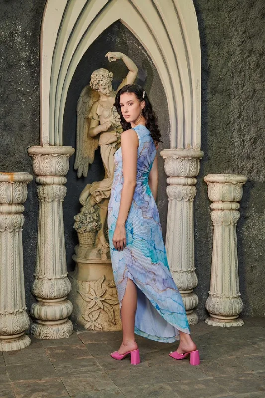 Precious dreams - blue abstract print asymmetric dress