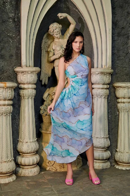 Precious dreams - blue abstract print asymmetric dress