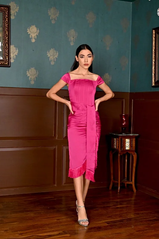 Precious moment - pink satin tassel hem dress