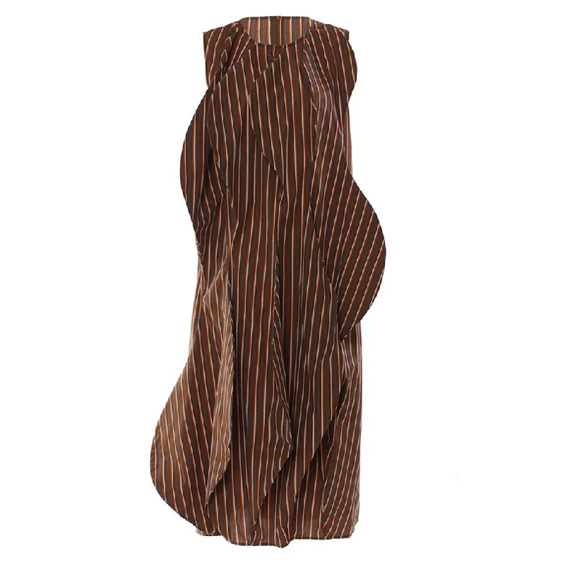 Retro 3D Wave Round Neck Vertical Striped Sleeveless Midi Dress