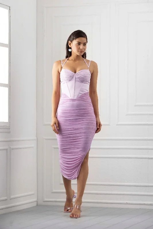 Ruched Moment - Lavender mesh corset body con dress