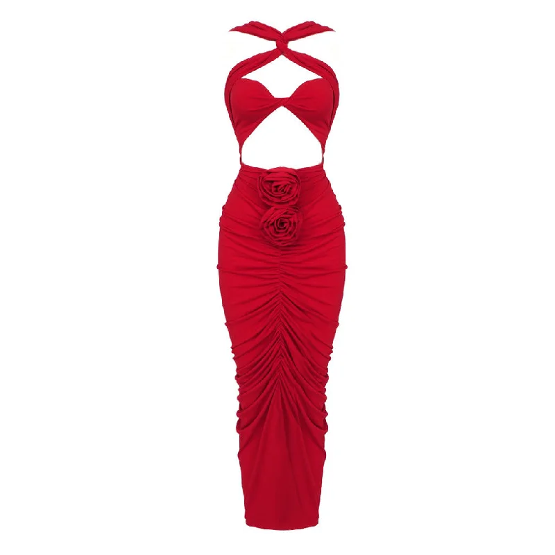 Sexy 3D Rosette Applique Twist Cut Out Cross Neck Bodycon Ruched Midi Dress