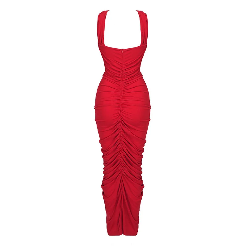 Sexy 3D Rosette Applique Twist Cut Out Cross Neck Bodycon Ruched Midi Dress