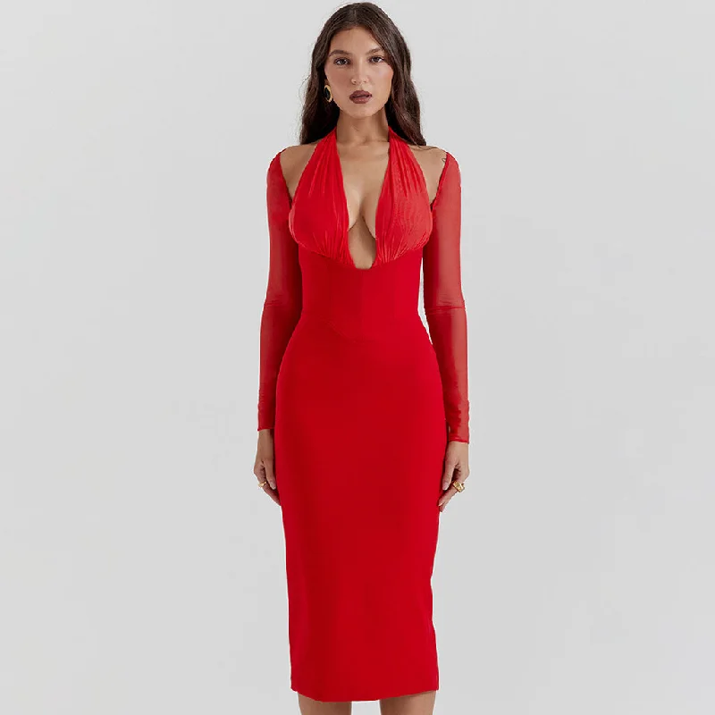 Sexy Plunge Halter Neck Long Sleeve Mesh Panel Bodycon Cocktail Corset Midi Dress