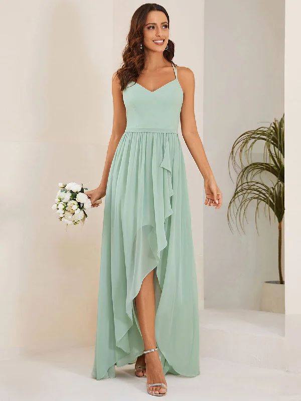 Spaghetti Straps Slit A-Line Wholesale Chiffon Bridesmaid Dress With Ruffle Detail