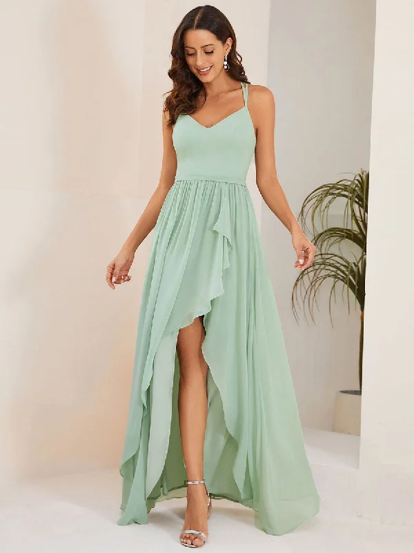 Spaghetti Straps Slit A-Line Wholesale Chiffon Bridesmaid Dress With Ruffle Detail