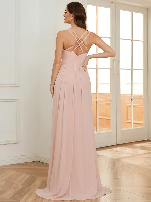 Spaghetti Straps Slit A-Line Wholesale Chiffon Bridesmaid Dress With Ruffle Detail