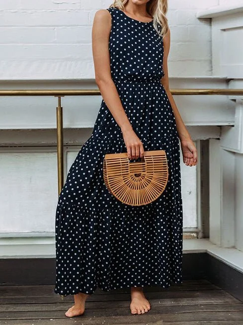 Polka Dot Crew Neck Sleeveless Dress