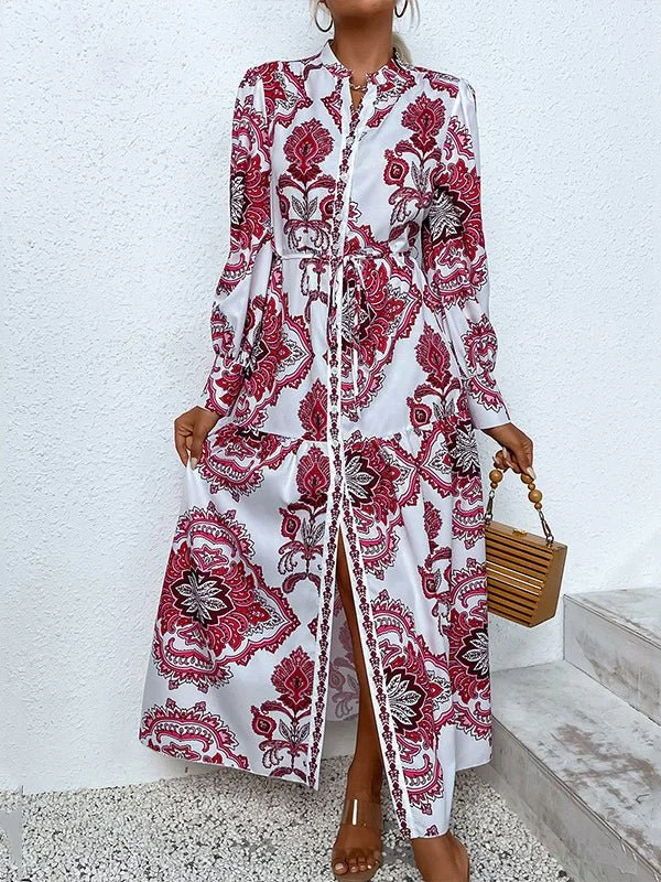 Printed Single Breasted V-Neck Maxi Dress